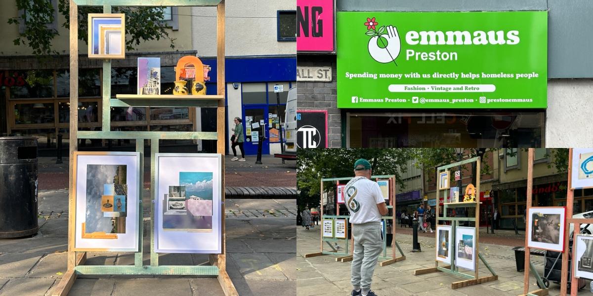 Four images showing artwork on display on the Flag Market outside the Emmaus Preston shop