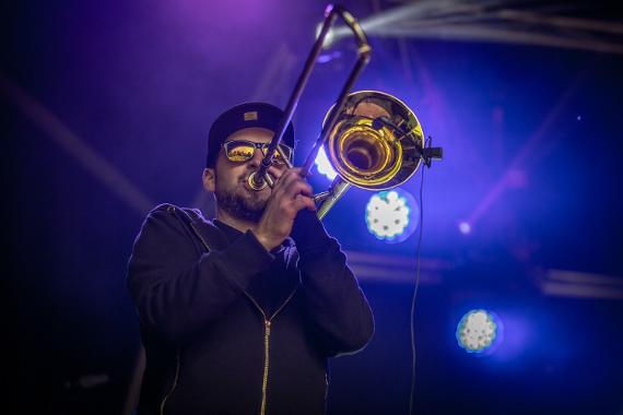 Man playing trumpet during Lancashire Encounter 2018 music performance.